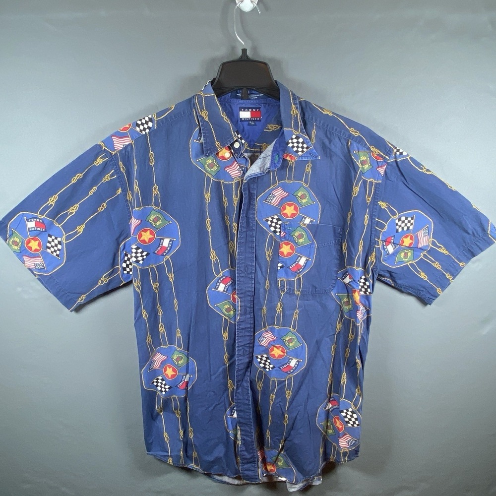 VTG 90s Tommy Hilfiger Flags Shirt XL Navy Blue Short Sleeve Button Up